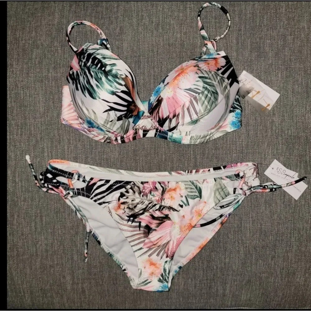 Raisins Floral Underwire Swim Bra Top & Tie Side Hipster Swim Bottom sz …